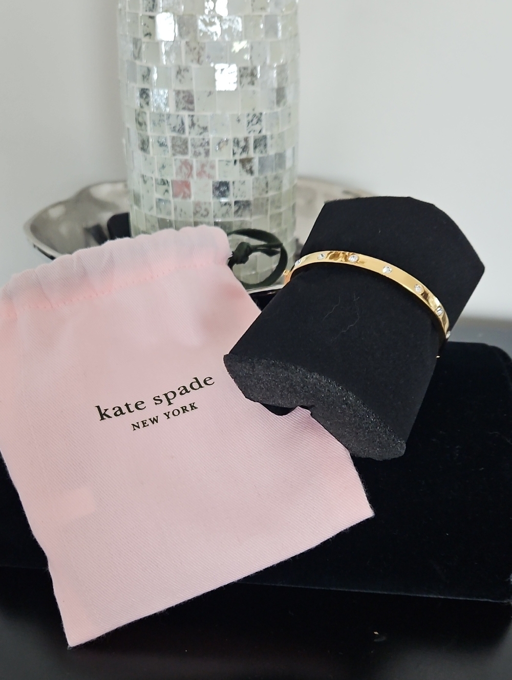 kate spade Gold W/ Rhinestones Bangle Bracelet, Hinge Clasp, EC, Includes Dusty - Picture 1 of 8